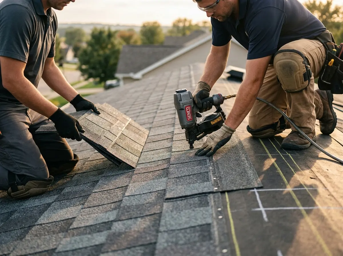 Professional roofer working on a residential roof in Boonville
